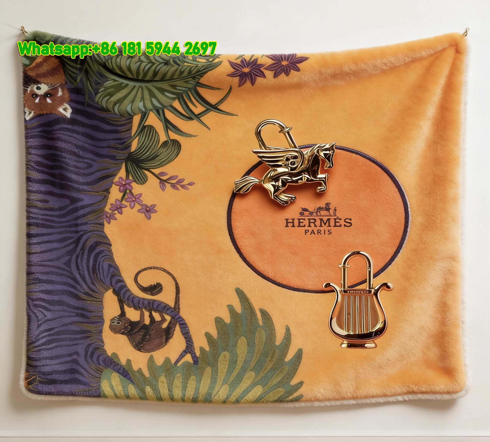 Hermès Paris Jungle Animal Gold Charms Flannel Throw Blanket IMG_5170